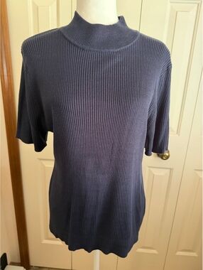 Croft & Barrow Ribbed Mock Neck Short Sleeve Sweater Top XL Navy Blue NWT